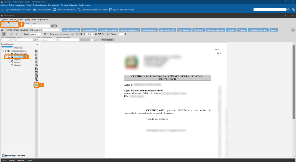 Tela do sistema SAJ para vinculação de gravações. Campo para informar o número do processo ou procedimento (1). Opção para selecionar o documento ao qual o arquivo será vinculado, neste exemplo 'Ação Penal' (2). Ícone de gravação disponível para anexar o arquivo (3)