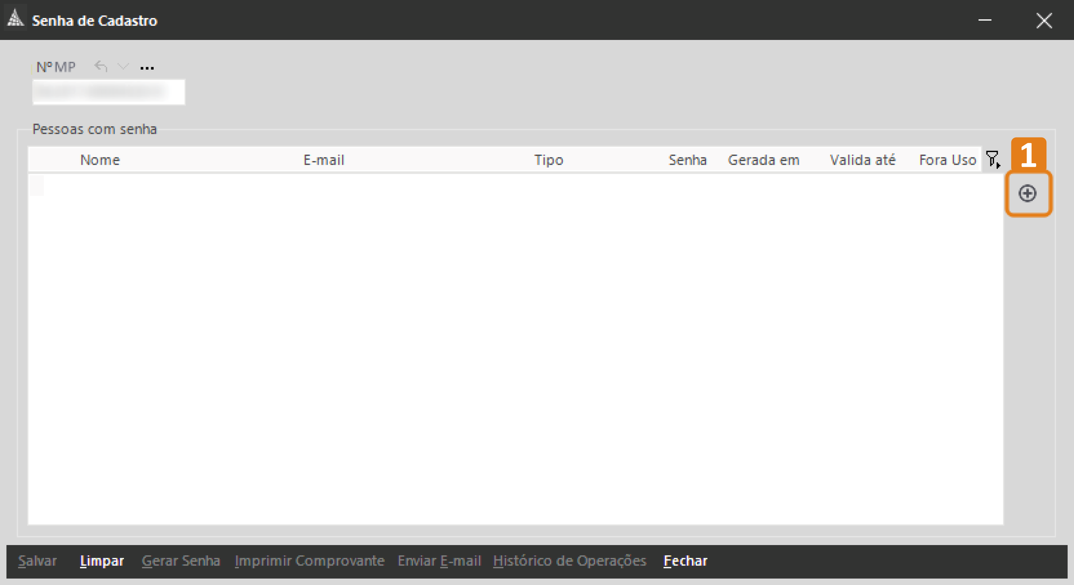 Tela do sistema SAJ intitulada 'Senha de Cadastro', com campo para número MP e tabela de usuários. No canto superior direito da tabela, há um botão destacado em laranja com ícone de adição e número 1
