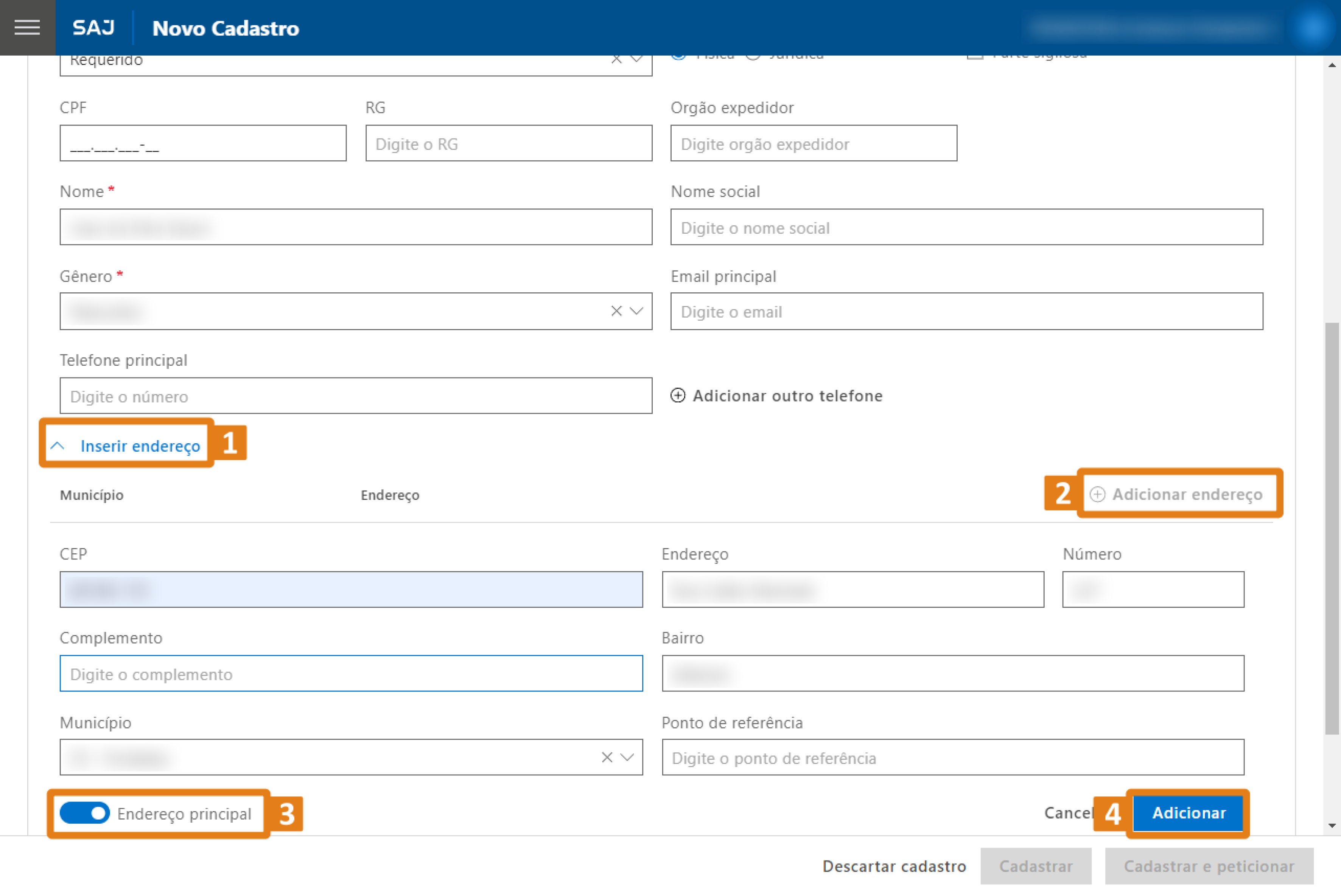 Tela de cadastro no sistema SAJ com destaques em laranja nos botões ‘Inserir endereço’, ‘Adicionar endereço’, na opção marcada ‘Endereço principal’ e no botão azul ‘Adicionar’ para confirmar inclusão.