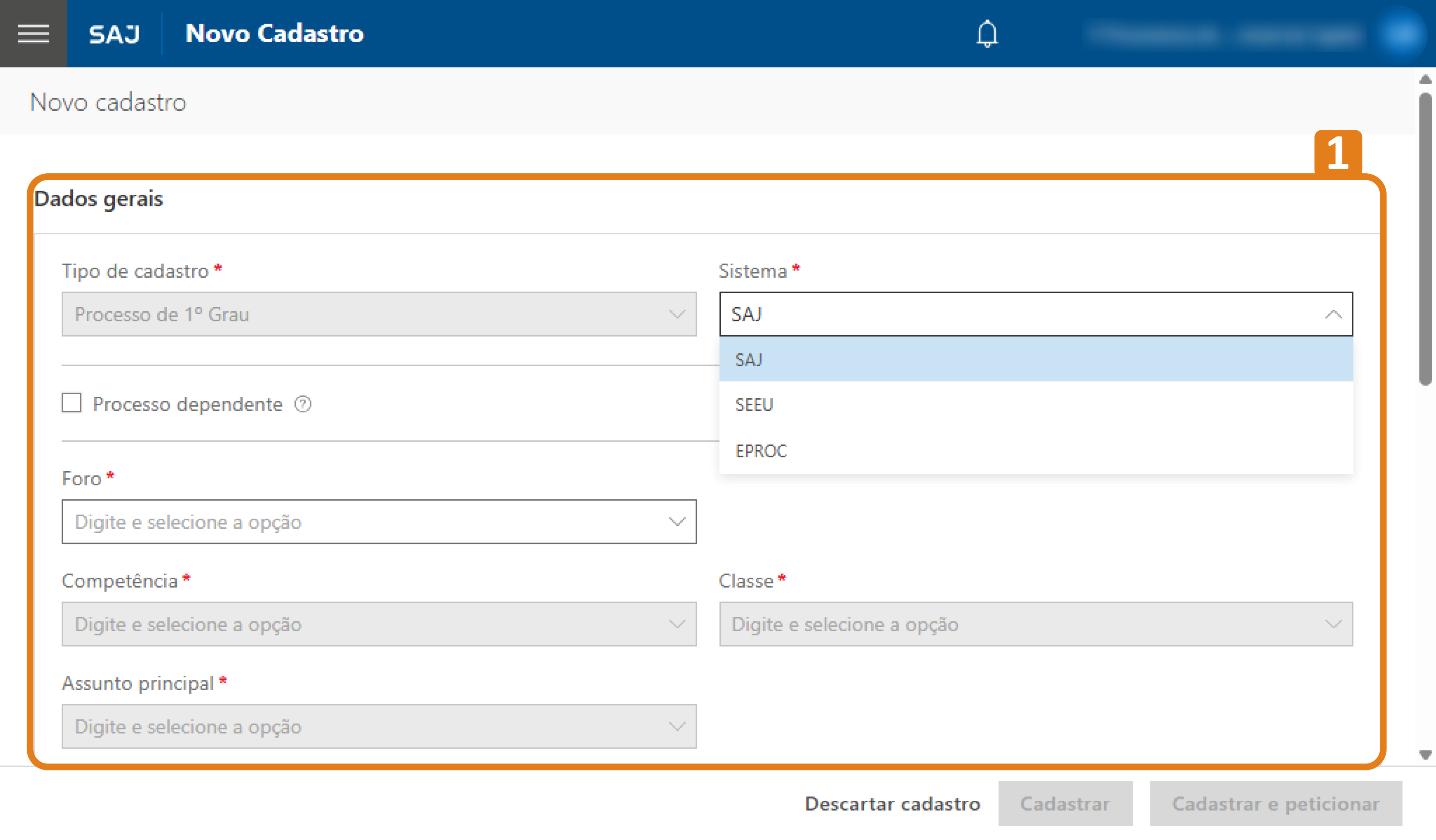 Tela de cadastro do SAJ com seção ‘Dados gerais’ destacada em laranja e campos obrigatórios para preenchimento.