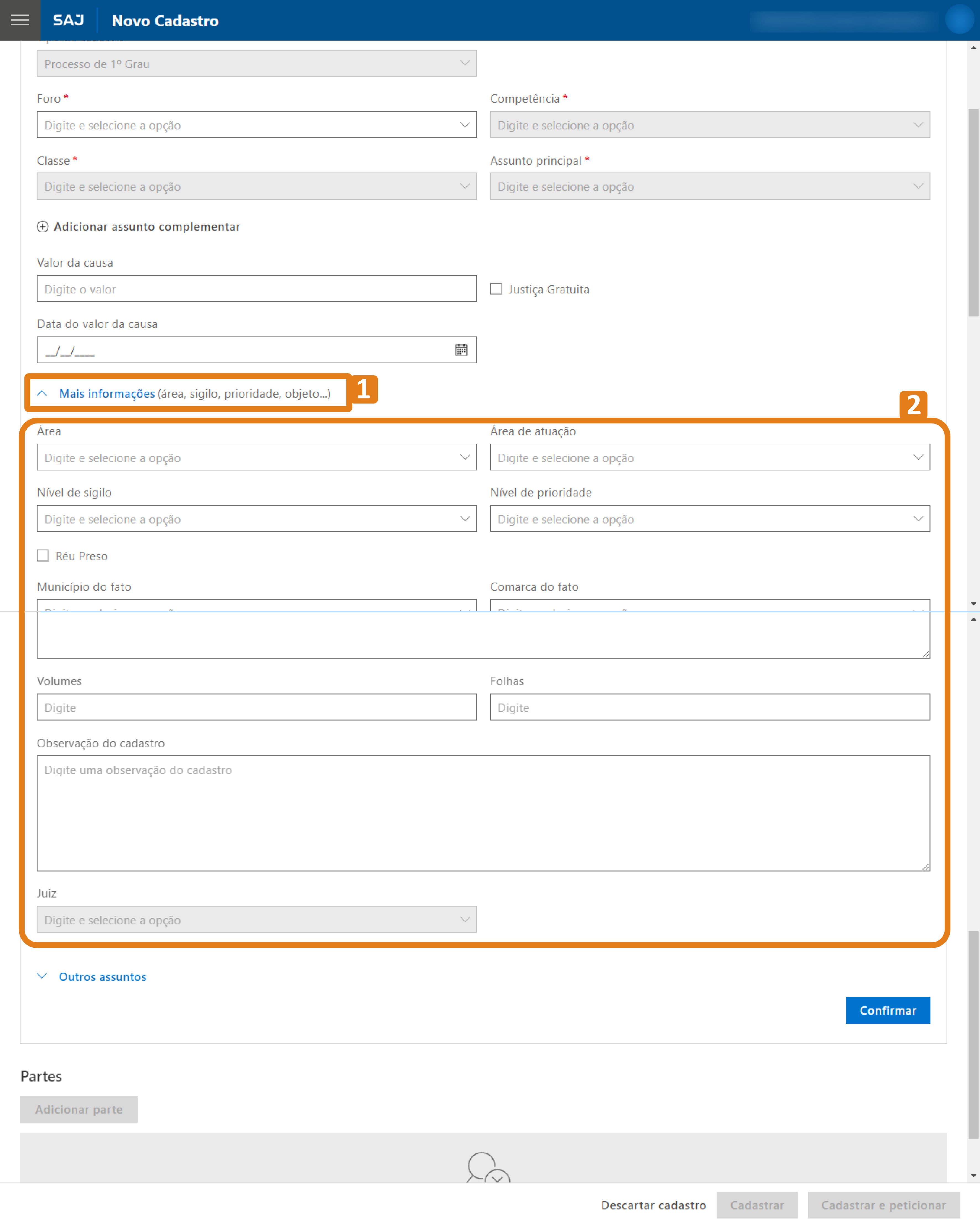Tela de cadastro do sistema SAJ com campos principais do processo. Seção destacada em laranja chamada ‘Mais informações’, contendo opções adicionais como área, sigilo, prioridade e dados do fato