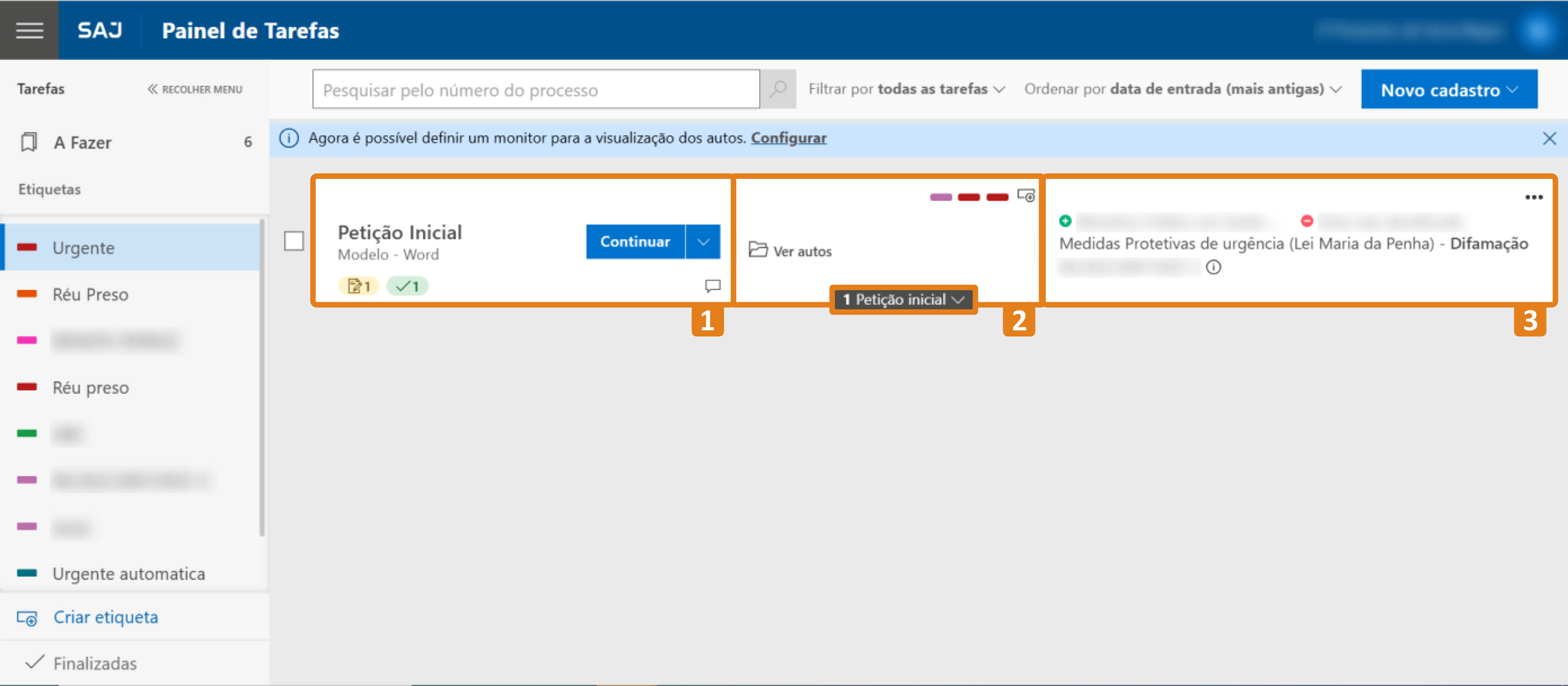 Painel de tarefas do sistema SAJ com três destaques em laranja: tarefa ‘Petição Inicial’ com botão ‘Continuar’, opção ‘Ver autos’ e tarefa ‘Medidas Protetivas de urgência (Lei Maria da Penha) - Difamação’