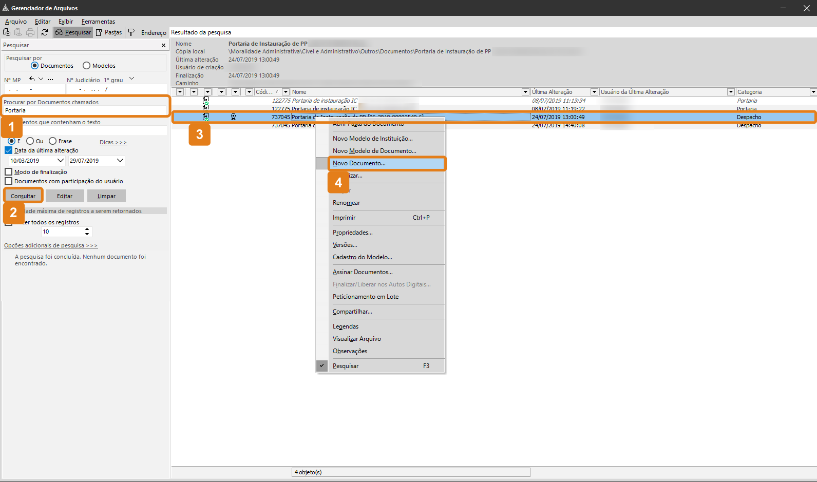 Interface do Gerenciador de Arquivos do SAJ com destaques em laranja: campo de pesquisa preenchido com 'Portaria', botão 'Consultar' à esquerda, linha de resultado com documento listado e opção 'Novo Documento...' no menu suspenso sobre o item selecionado