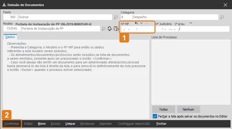 Tela do sistema SAJ para emissão de documentos com destaques em laranja: campo 'Nº MP' na parte superior e botão 'Confirmar' na parte inferior.