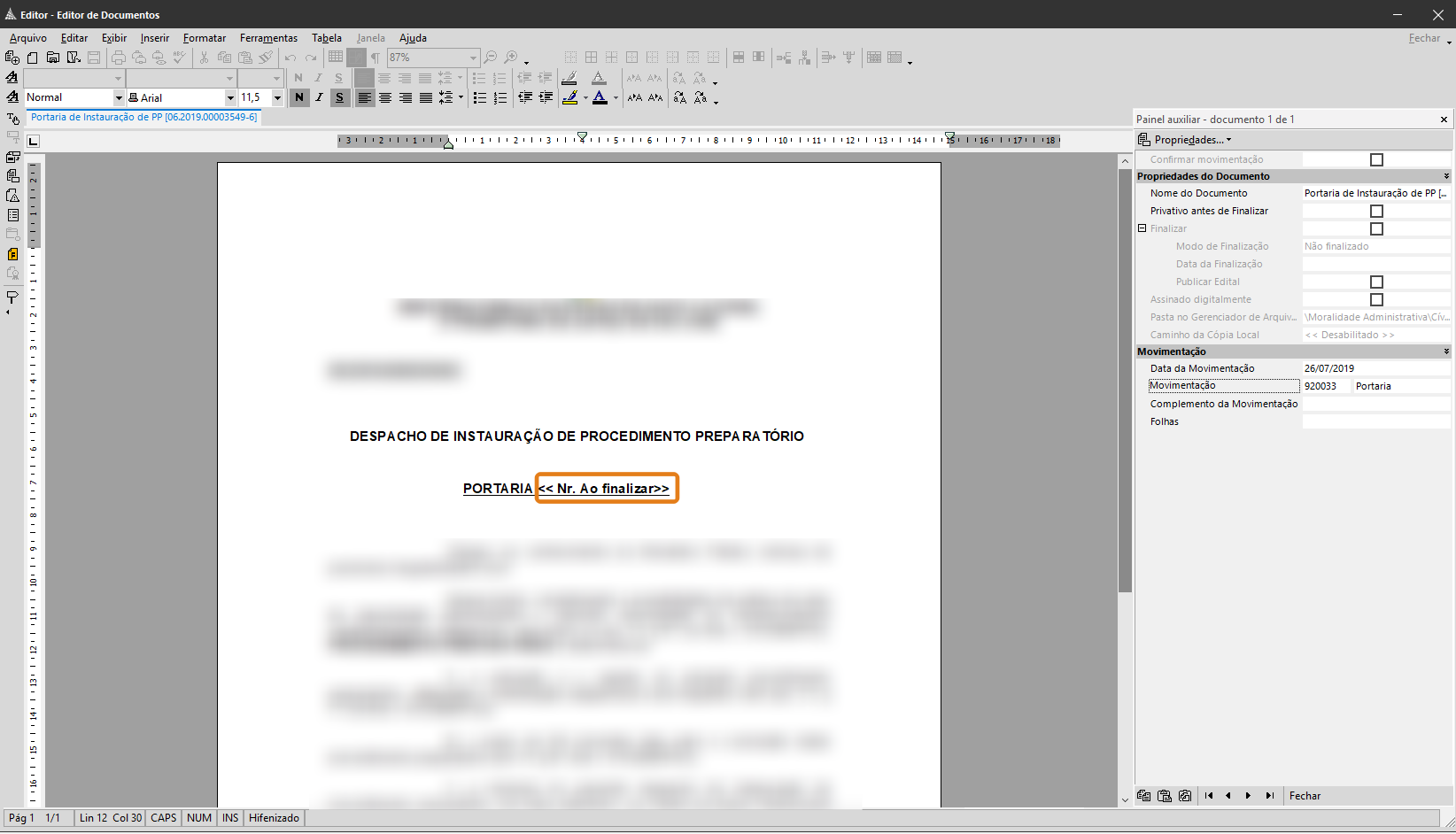 Interface de edição de documentos no sistema SAJ com destaque em laranja no corpo do texto, envolvendo a expressão '<< Nr. Ao finalizar >>', indicando campo ou marcador para preenchimento.