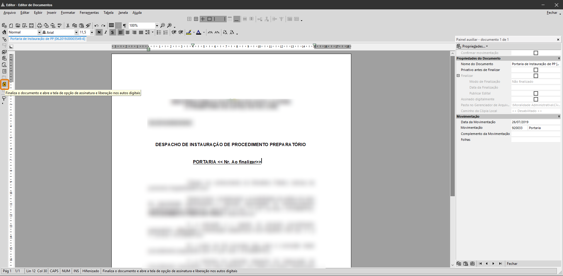 Interface de edição de documentos no sistema SAJ com destaque em laranja no ícone lateral esquerdo, indicando a opção para finalizar o documento e abrir a tela de assinatura e blocos de notas digitais