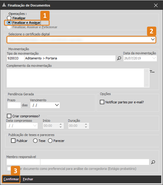 Janela do sistema SAJ para finalização de documentos com destaques em laranja: opção 'Finalizar e Assinar' na seção Operações, campo para selecionar certificado digital e botão 'Confirmar' no canto inferior esquerdo.
