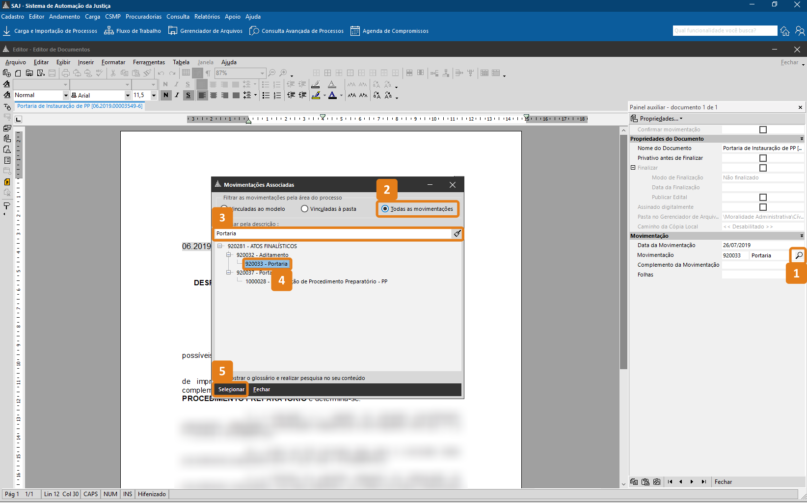 Interface de edição de documentos no sistema SAJ com janela sobreposta 'Movimentações Associadas'. Destaques em laranja: painel lateral com informações do documento, campo de filtro 'Portaria', lista de itens com códigos e descrições e botões na parte inferior para selecionar ou fechar.