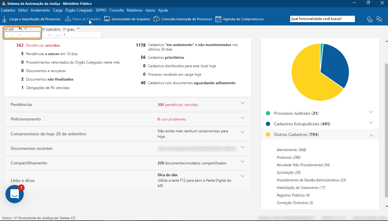 Interface do sistema do Ministério Público com barra superior azul e campo de pesquisa 'Nº MP' destacado em laranja.