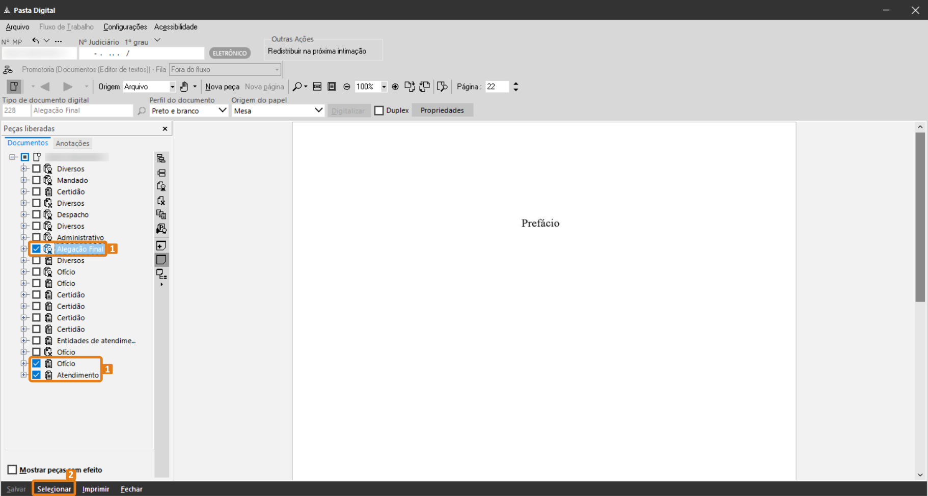 Interface do sistema SAJ com lista hierárquica de arquivos à esquerda. Destaques em laranja: três itens selecionados e botão 'Selecionar' na parte inferior.