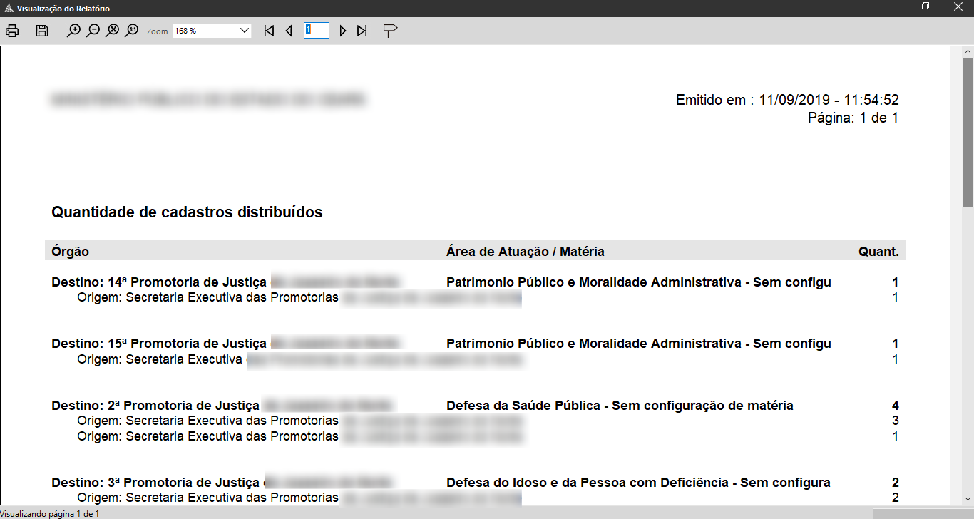 Relatório em visualização PDF com título ‘Quantidade de cadastros distribuídos’. Tabela com colunas ‘Órgão’, ‘Área de Atuação / Matéria’ e ‘Quant.’.