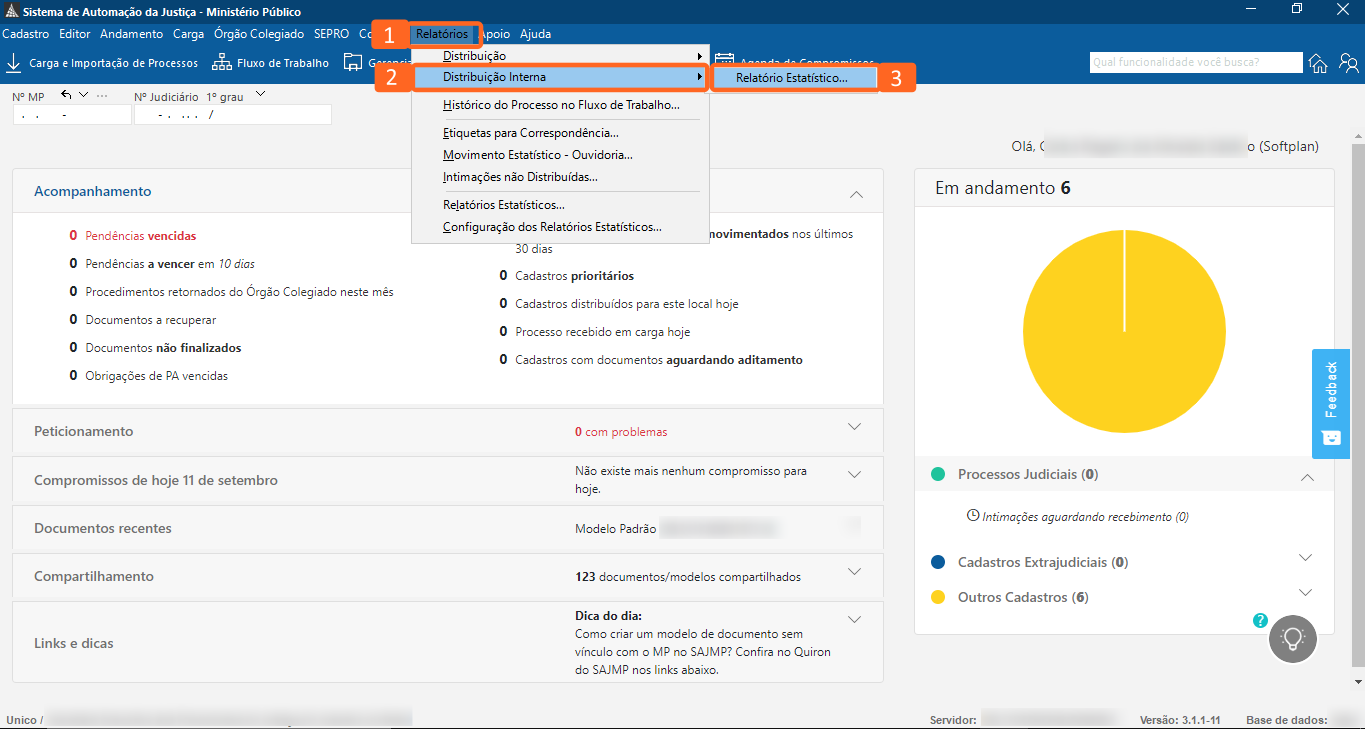 Interface do Sistema de Automação da Justiça. No menu superior, três destaques em laranja: aba ‘Relatórios’, opção ‘Distribuição Interna’ no menu suspenso e item ‘Relatório Estatístico...’.
