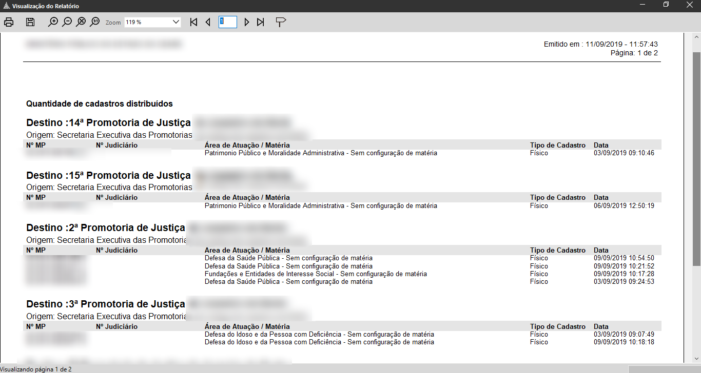 Relatório exibido na interface do Sistema SAJ, com título ‘Quantidade de cadastros distribuídos’. A tela apresenta informações organizadas em seções, incluindo dados como origem, número do MP, número Judiciário, área de atuação, tipo de cadastro e data