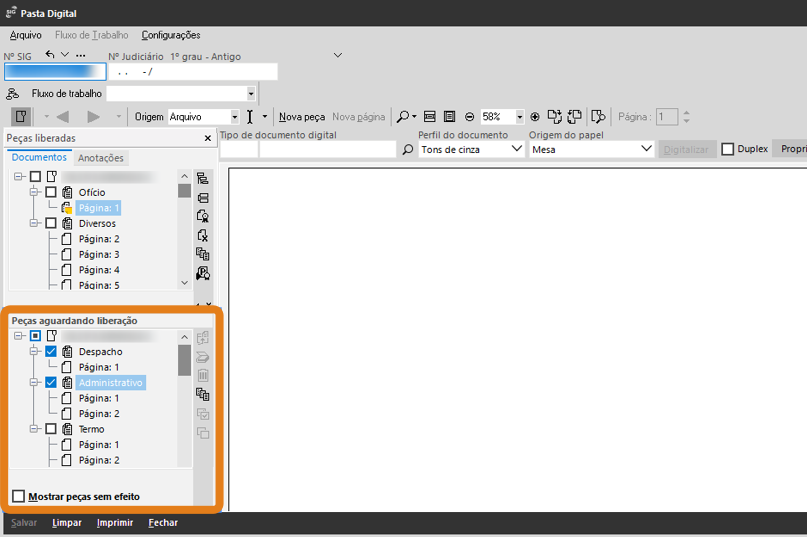 Interface do sistema Pasta Digital com destaque em laranja na seção Peças aguardando liberação, exibindo lista hierárquica com itens 