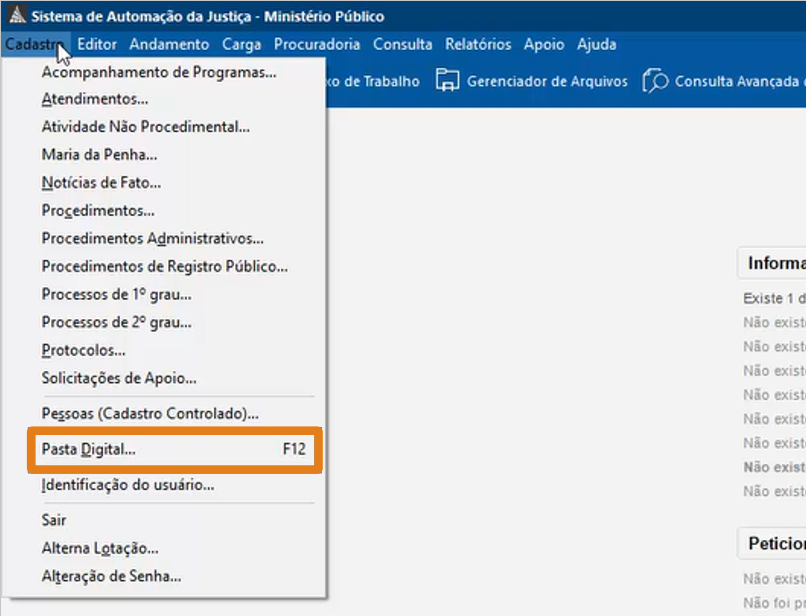 Menu suspenso do sistema SAJ com várias opções; destaque em laranja na opção Pasta Digital (atalho F12).