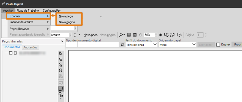 Interface de digitalização do SAJ com menu aberto; destaque em laranja na opção Scanner e nas opções Nova peça e Nova página.