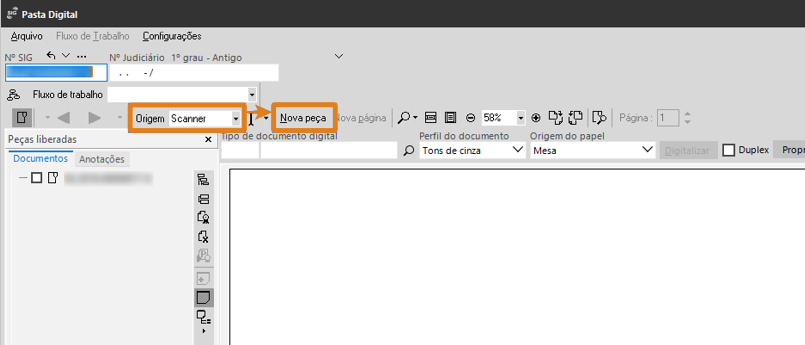 Interface do sistema Pasta Digital com destaque em laranja nos botões Origem Scanner e Nova peça.