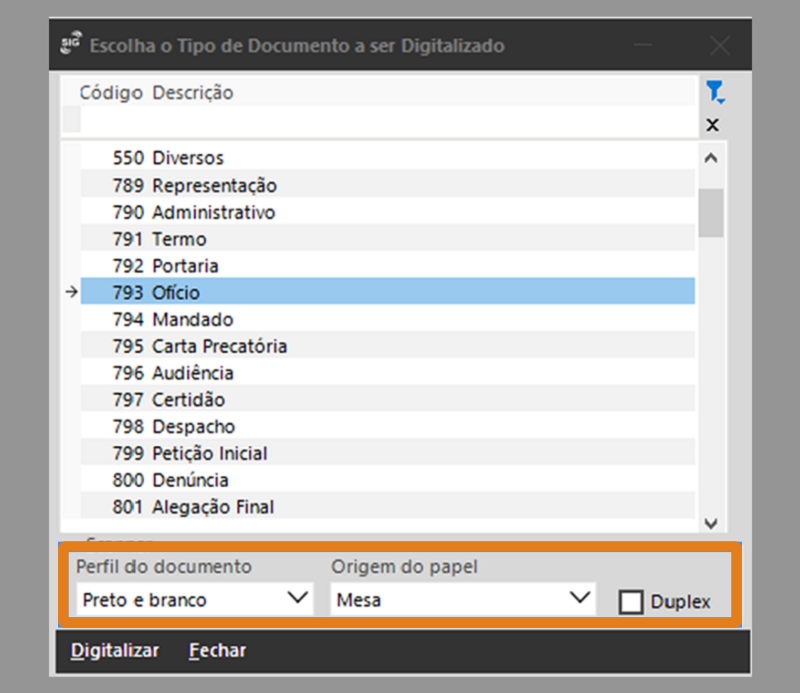 Interface de digitalização do SAJ com lista de tipos de documentos, opção 'Ofício' selecionada. Em destaque laranja, configurações: perfil Preto e branco, origem Mesa e opção Duplex