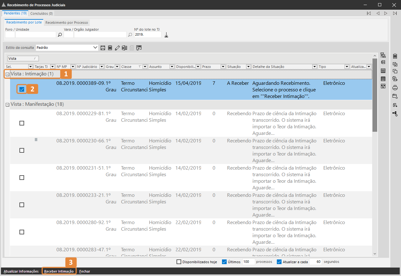 Janela do SAJ para Recebimento de Processos Judiciais. Destaques em laranja na opção 'Vista: Intimação', na linha do cadastro selecionado e no botão 'Receber intimação'