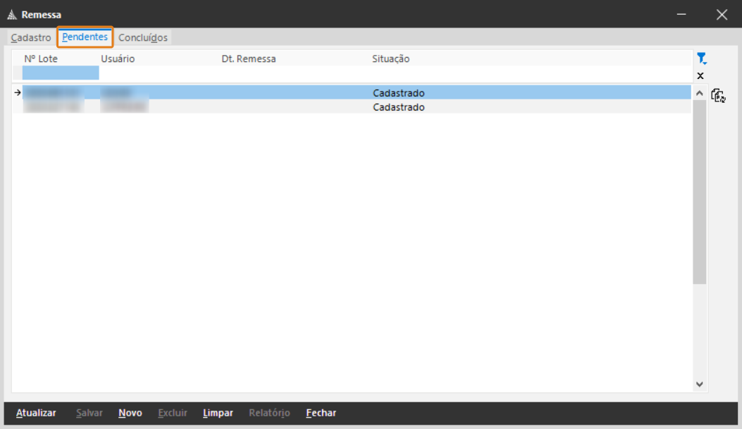 Tela do sistema Remessa com aba Pendentes destacada em laranja