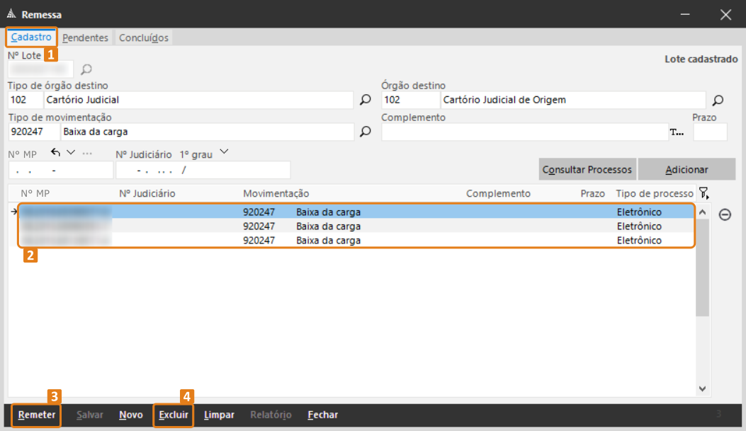 Interface do sistema de remessa judicial com destaques em laranja: aba Cadastro no topo, lista de processos selecionados, botão Remeter e botão Excluir na parte inferior