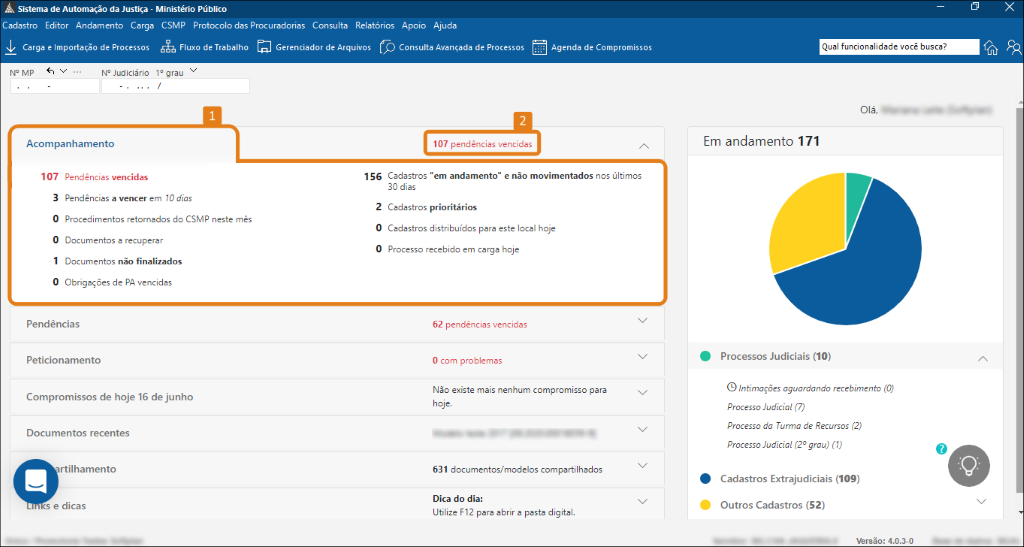 Interface do Sistema de Automação da Justiça com destaque em laranja para a seção 'Acompanhamento', exibindo 107 pendências vencidas e lista de tipos de pendências.