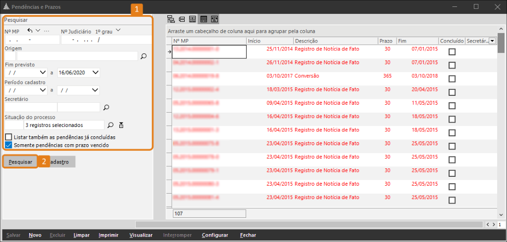 Sistema Pendências e Prazos com área de pesquisa e botão 'Pesquisar' destacados em laranja; lista de registros à direita.