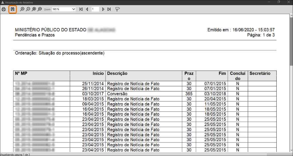 Tela de relatório do Ministério Público com tabela contendo número do processo, datas, descrição, prazo e status. Botão para exportar ou salvar destacado em laranja no canto superior esquerdo.