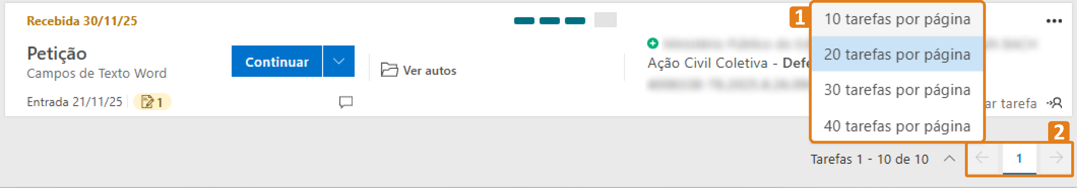 SAJ: lista de tarefas com destaque no menu para escolher quantidade por página e na navegação entre páginas