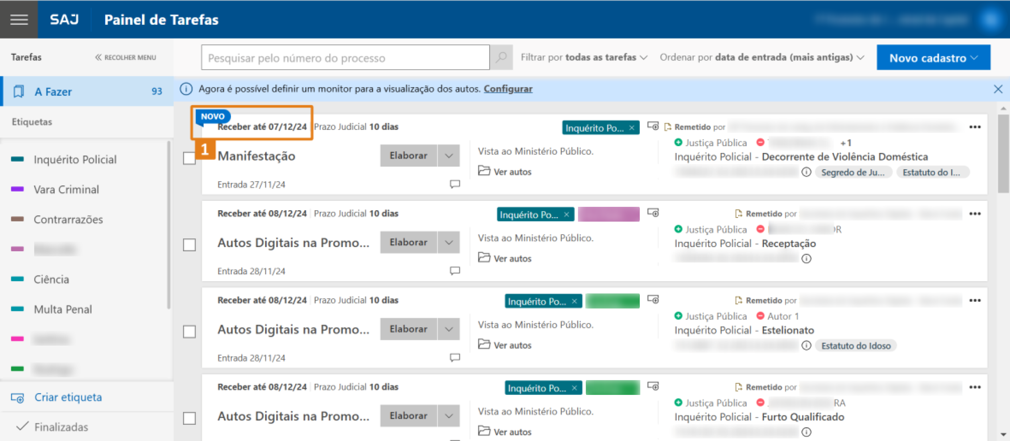 Painel de tarefas do SAJ com lista de processos. Destaque em laranja na primeira tarefa, intitulada 'Manifestação', com prazo até 07/12/24.