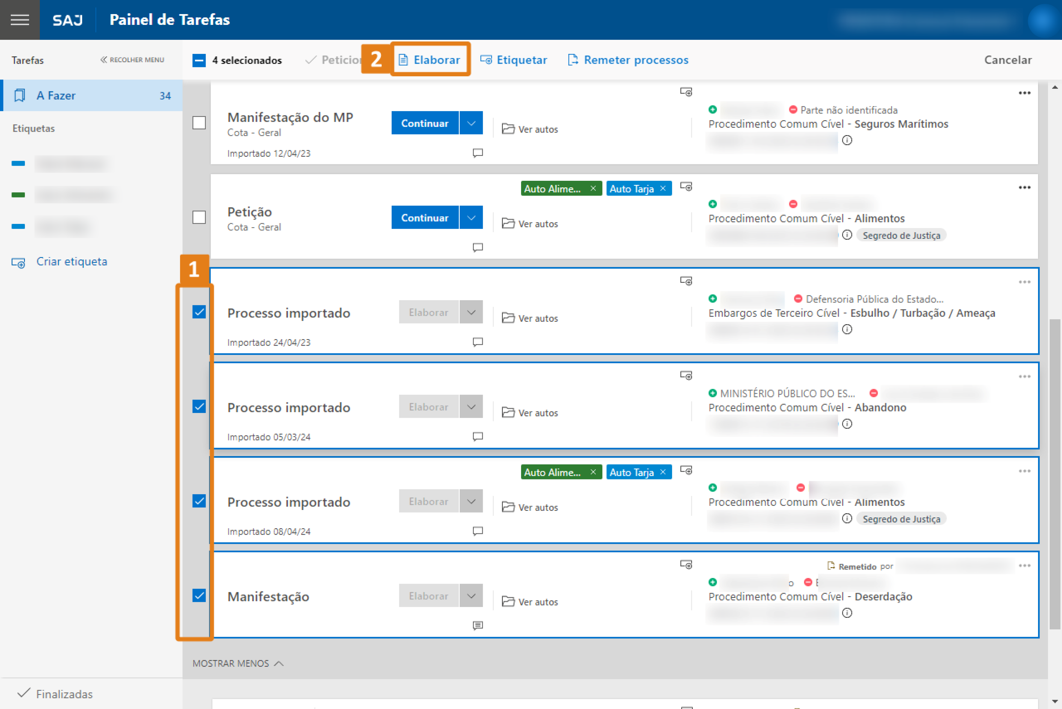 Painel de tarefas do SAJ com lista de processos. Destaques em laranja: quatro itens selecionados na coluna à esquerda (marcados como 1) e botão 'Elaborar' na parte superior (marcado como 2)