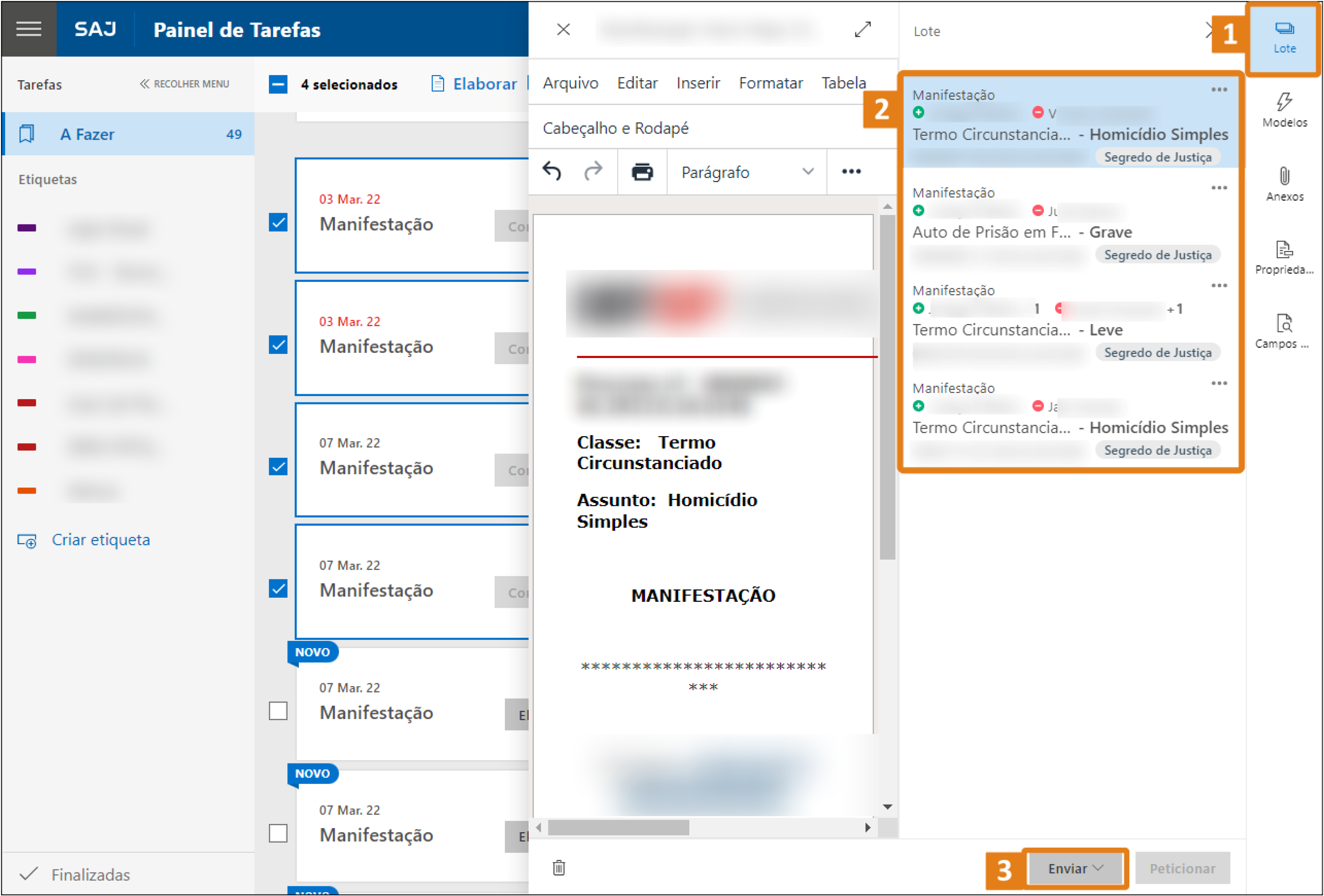 SAJ: painel de tarefas à esquerda e lote com quatro itens à direita. Botão 'Enviar' em destaque.