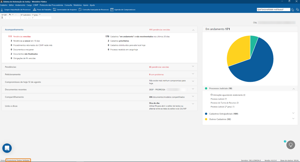 Tela inicial do SAJ com destaque no canto inferior esquerdo mostrando a lotação atual.