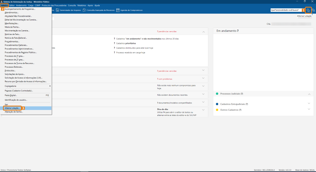 Tela inicial do SAJ com destaque no ícone “Alternar lotação” no canto superior direito (1) e no menu “Cadastro” com opção “Alternar Lotação” (3).