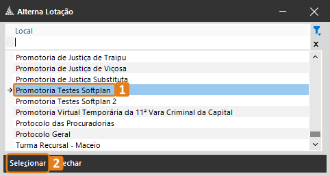 Tela “Alterna Lotação” do SAJ com destaque na lotação selecionada (1) e no botão “Selecionar” (2).