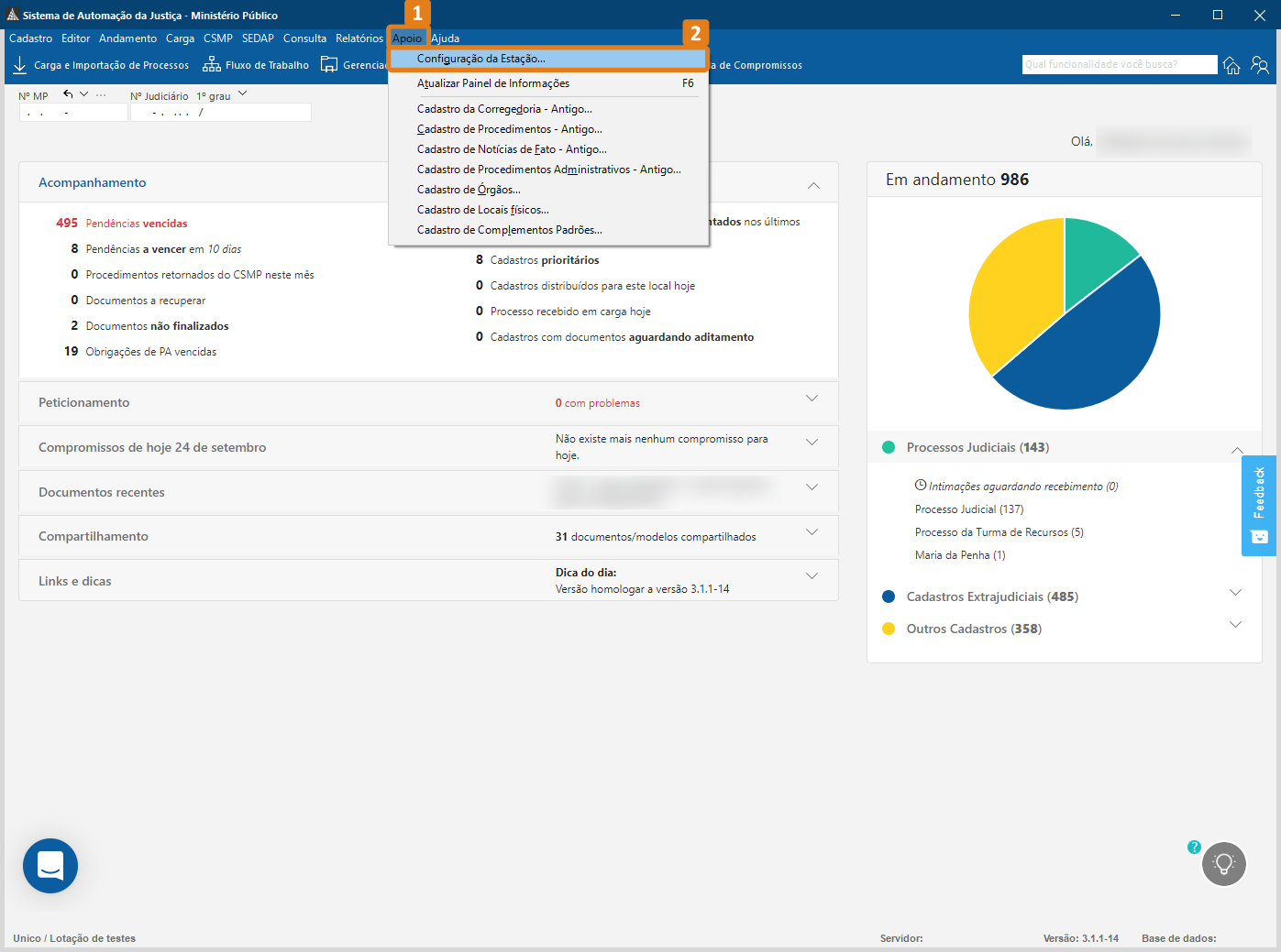 Tela inicial do SAJ com destaque no menu “Apoio” (1) e na opção “Configuração da Estação...” (2).