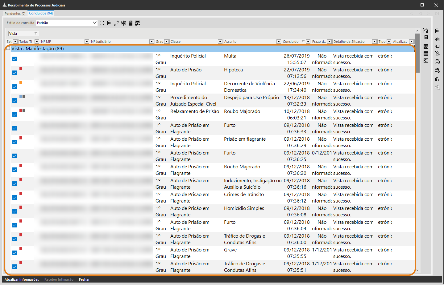 Tela do SAJ exibindo lista de processos com fonte tamanho 12 destacada.