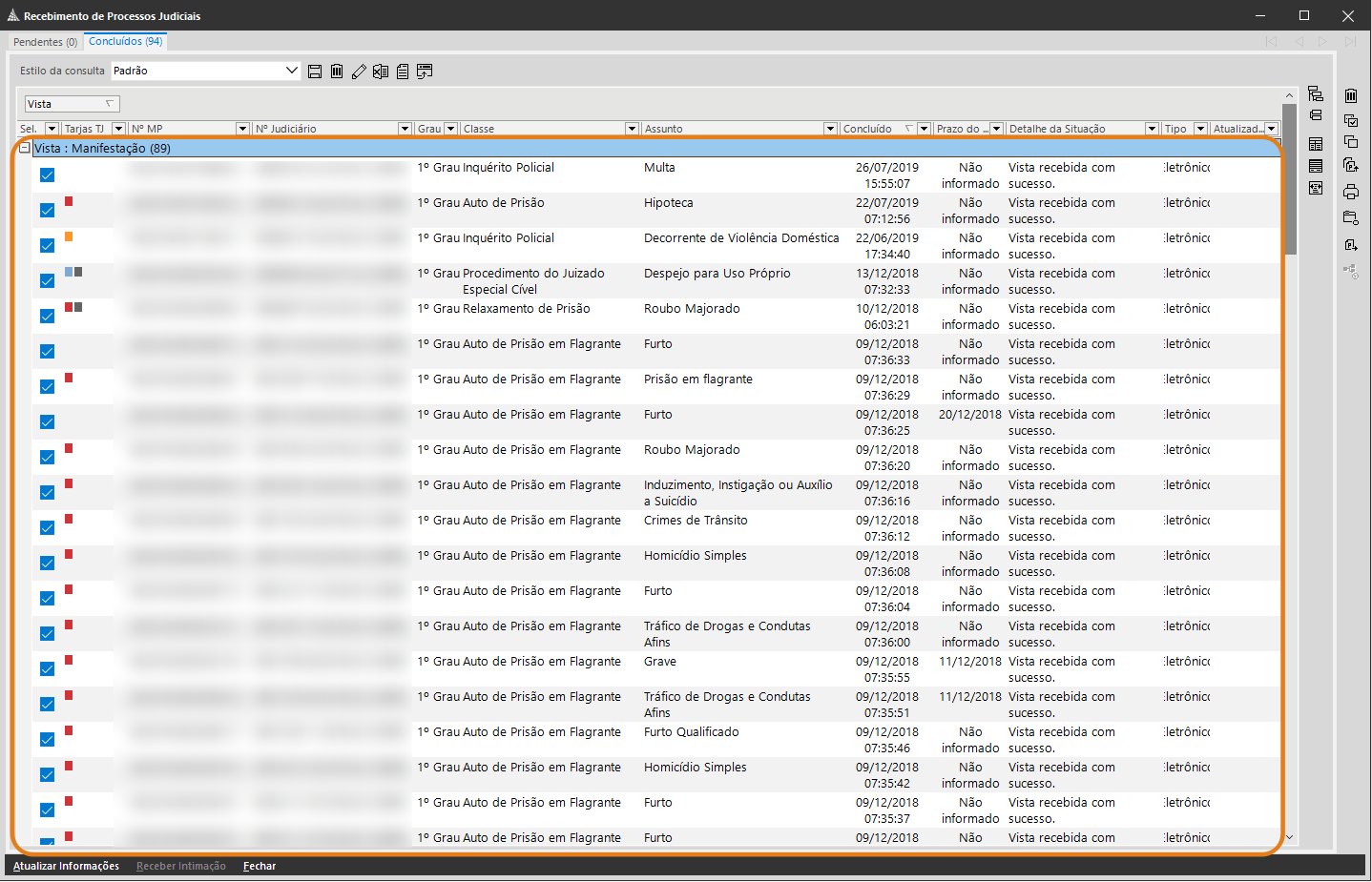 Tela do SAJ exibindo lista de processos com fonte tamanho 10 destacada.