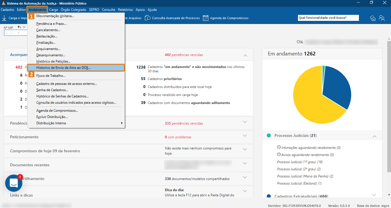 Tela inicial do SAJ com menu Andamento aberto. A opção Histórico de Envio de Atos ao DOE está destacada em laranja.