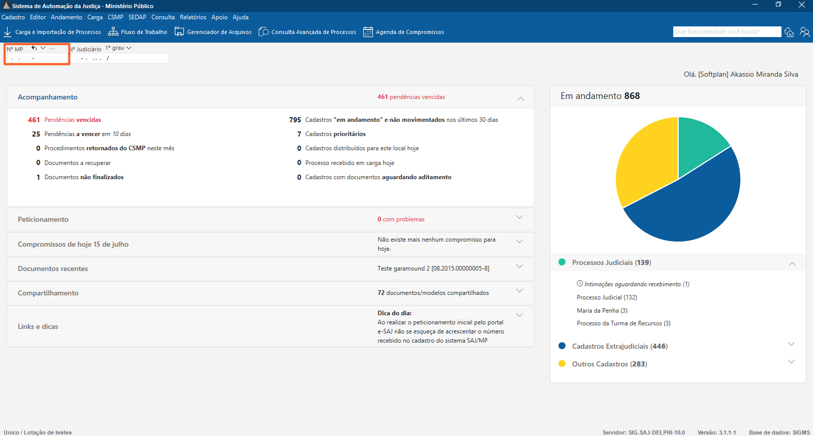Tela inicial do SAJ MP com destaque em laranja no campo Nº MP, localizado no canto superior esquerdo.