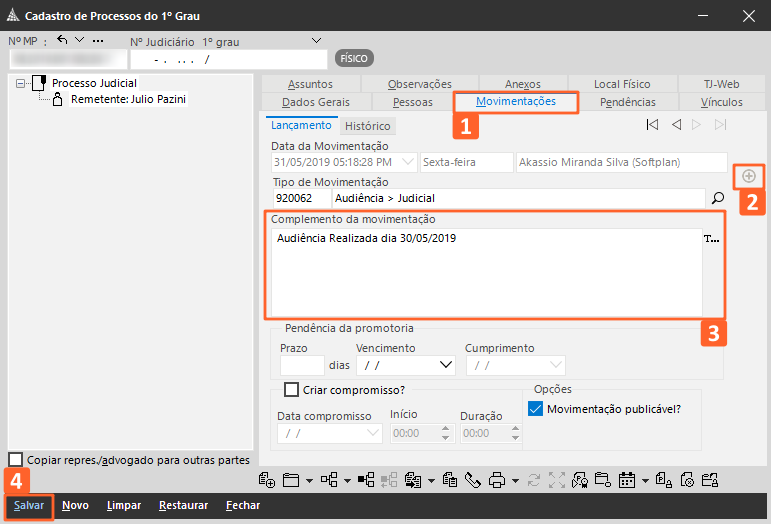 Tela “Cadastro de Processos do 1º Grau” do SAJ MP com destaques em laranja na aba Movimentações, botão +, campo Complemento de movimentação e botão Salvar.