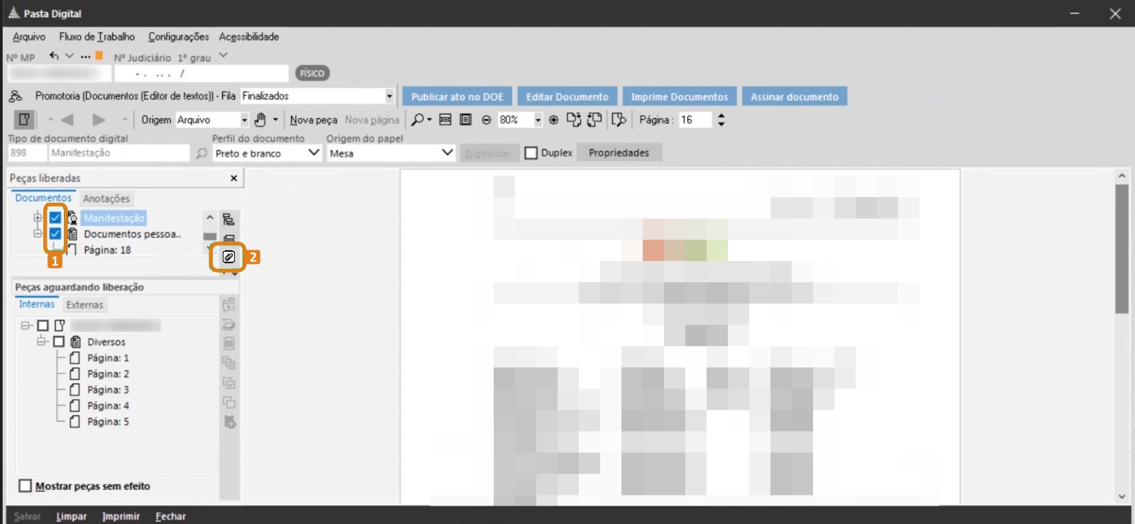 Tela da Pasta Digital do SAJ. Na seção Peças liberadas, destaque em laranja para a seleção de documentos (ícone marcado) e para o botão Criar protocolo com documentos liberados.