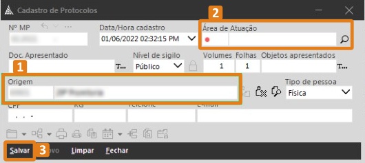 Tela Cadastro de Protocolos com destaque para Origem, Área de Atuação e botão Salvar.