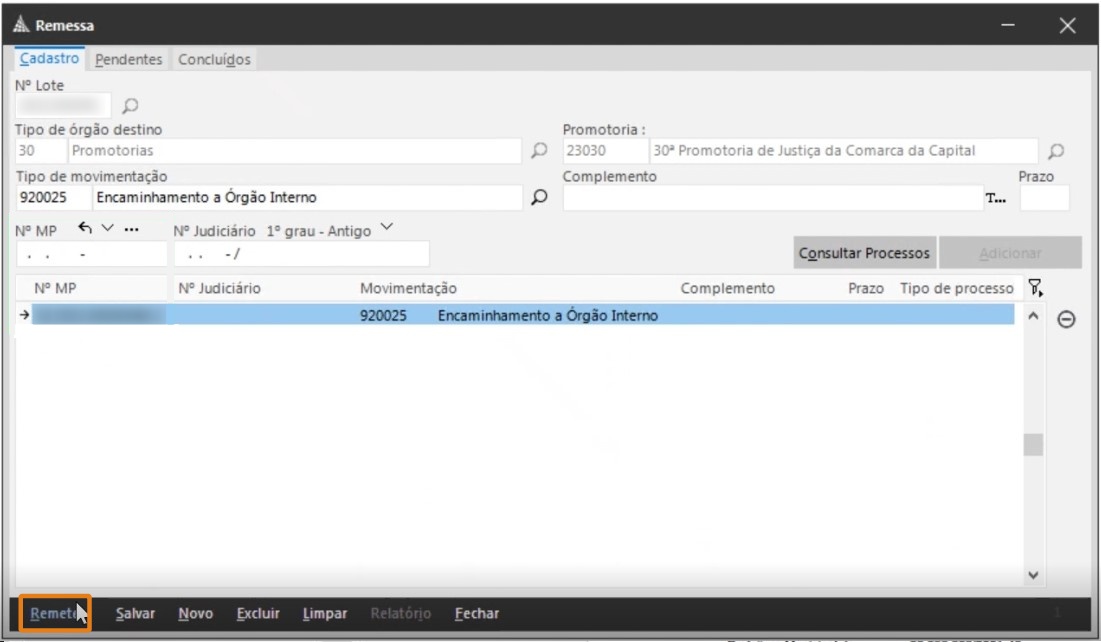 Tela Remessa do SAJ. Destaque em laranja para o botão Remeter na parte inferior.