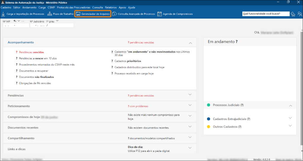 Tela inicial do SAJ com botão Gerenciador de Arquivos destacado em laranja na barra superior.