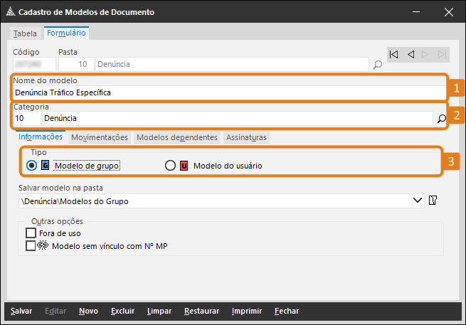 Tela Cadastro de Modelos de Documento do SAJ com campos destacados: Nome do modelo, Categoria e Tipo na aba Informações.