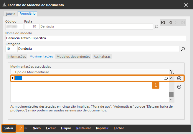 Tela Cadastro de Modelos de Documento do SAJ com campo Tipo da Movimentação e botão Salvar destacados em laranja na aba Movimentações.