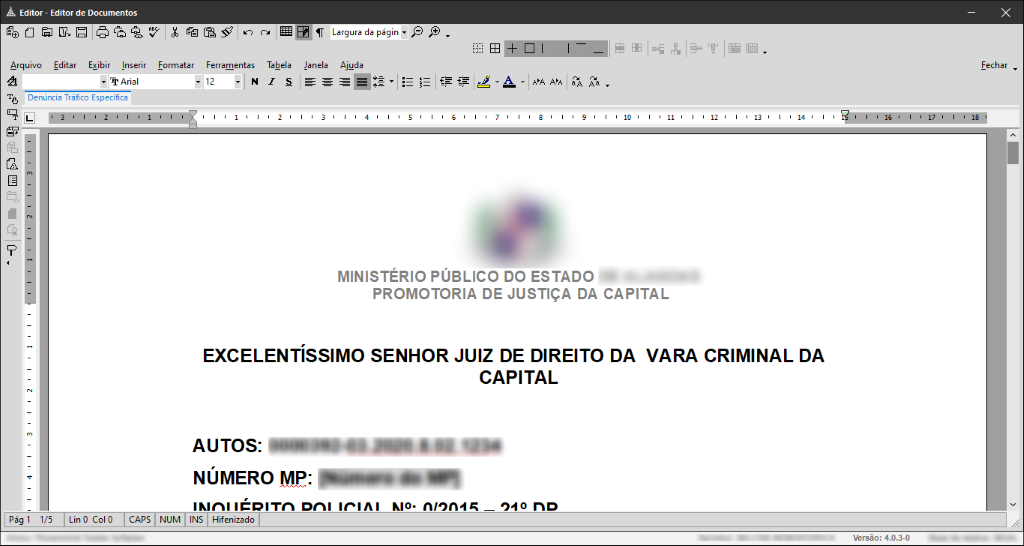 Tela do Editor de Documentos do SAJ exibindo um documento em edição com barra de ferramentas no topo e área principal contendo texto formatado.