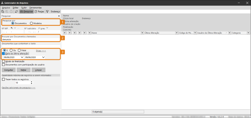 Tela do Gerenciador de Arquivos do SAJ com campos destacados para pesquisa: opção Documentos, campo Documento Chamado e campo Data da última alteração.