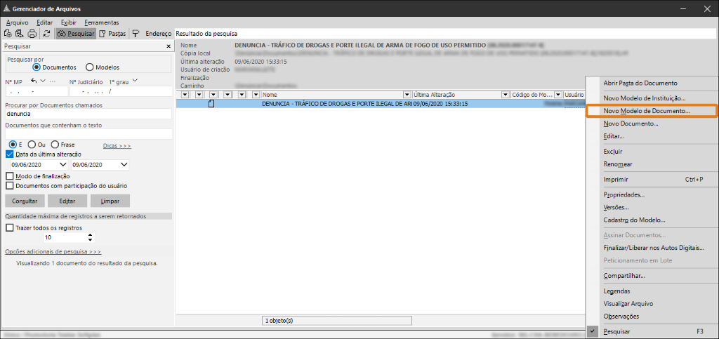 Tela do Gerenciador de Arquivos do SAJ com documento selecionado no painel de resultados e opção Novo Modelo de Documento destacada em laranja no menu lateral.